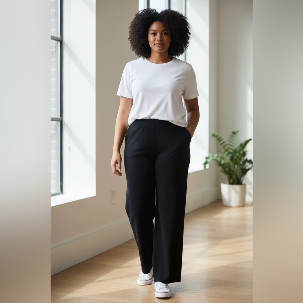 WYNNE LAYERS (1X) Sweater Knit Wide-Leg Pants Pockets Pull-On Soft Black NWT - Picture 2 of 12